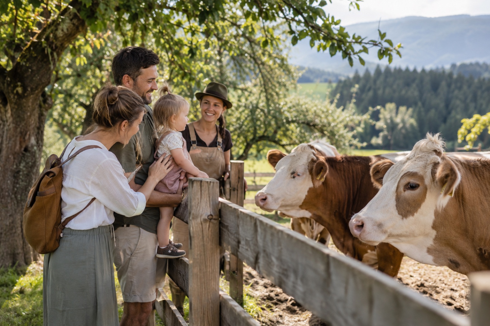 Familie am Weidezaun bei den Kühen