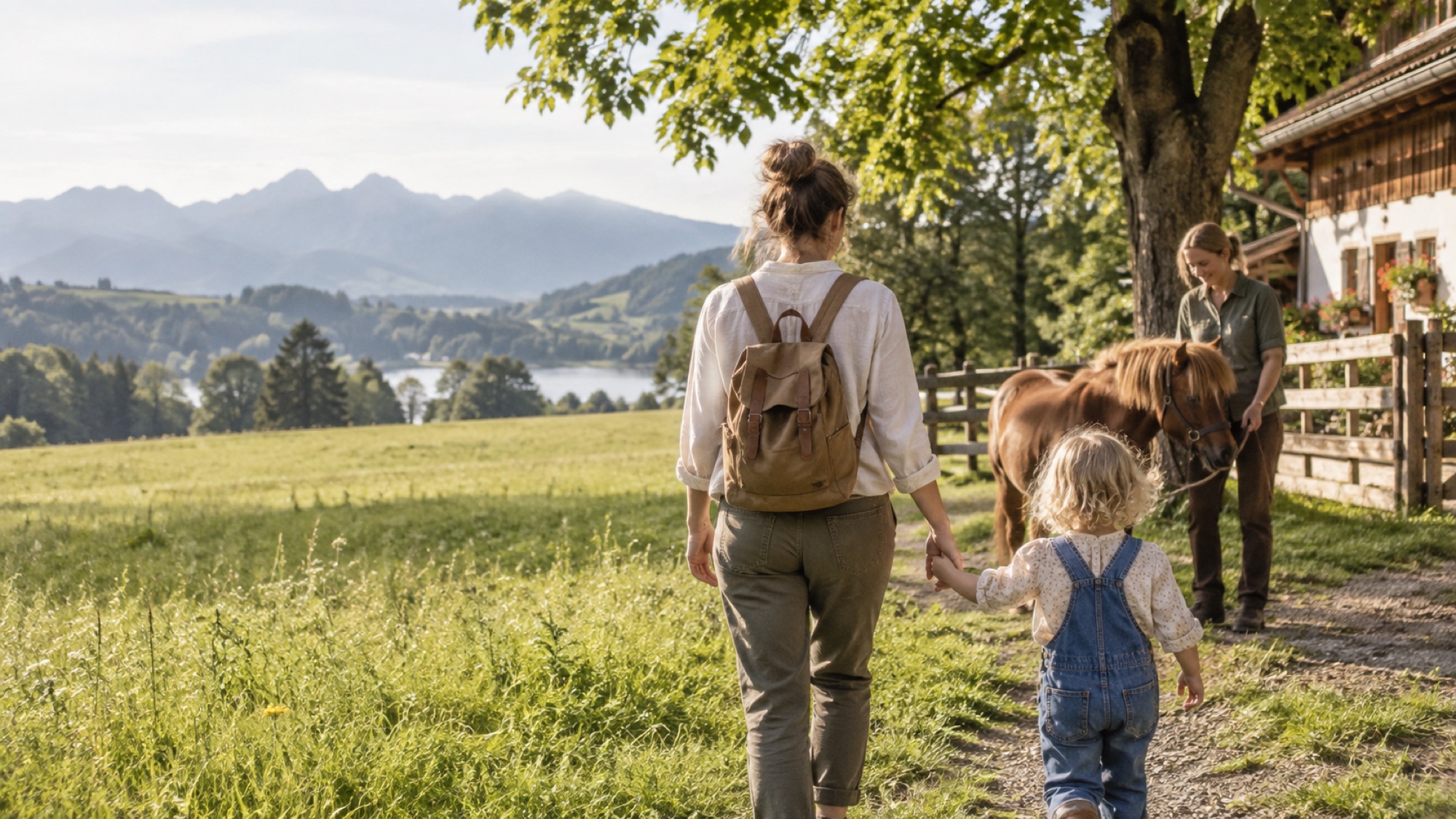 Familie geht mit einem Pony einen Wiesenweg entlang