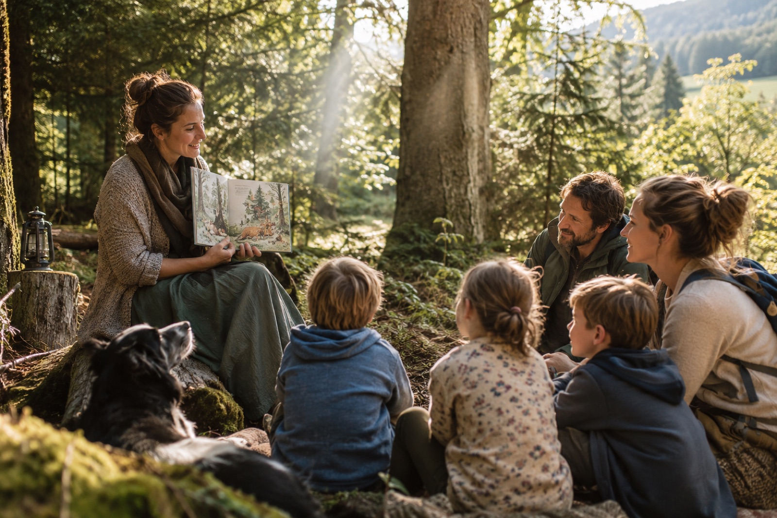 Vorlesestunde im Wald mit Kindern und Erwachsenen