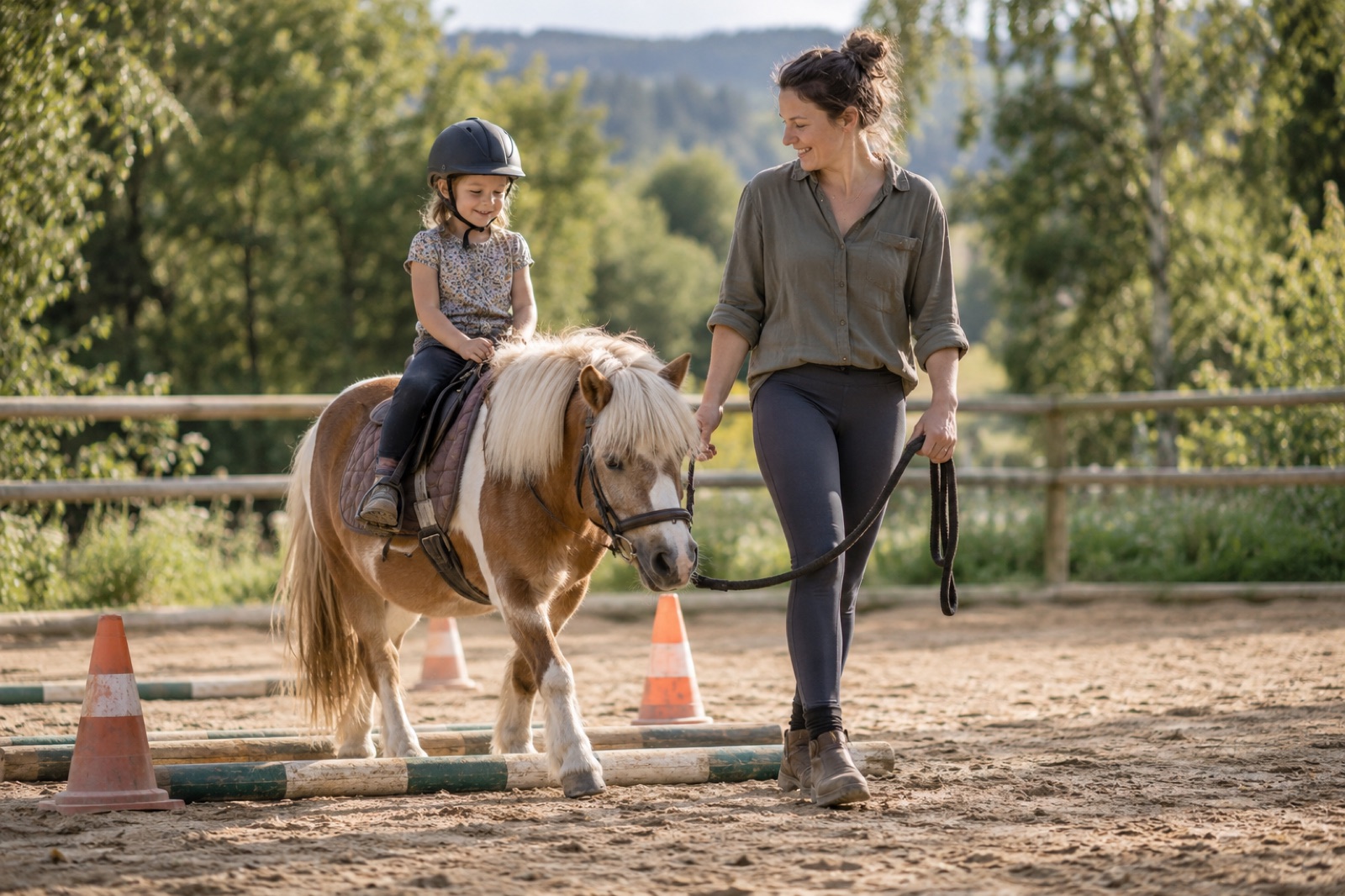 Kind reitet auf einem Pony durch einen Parcours