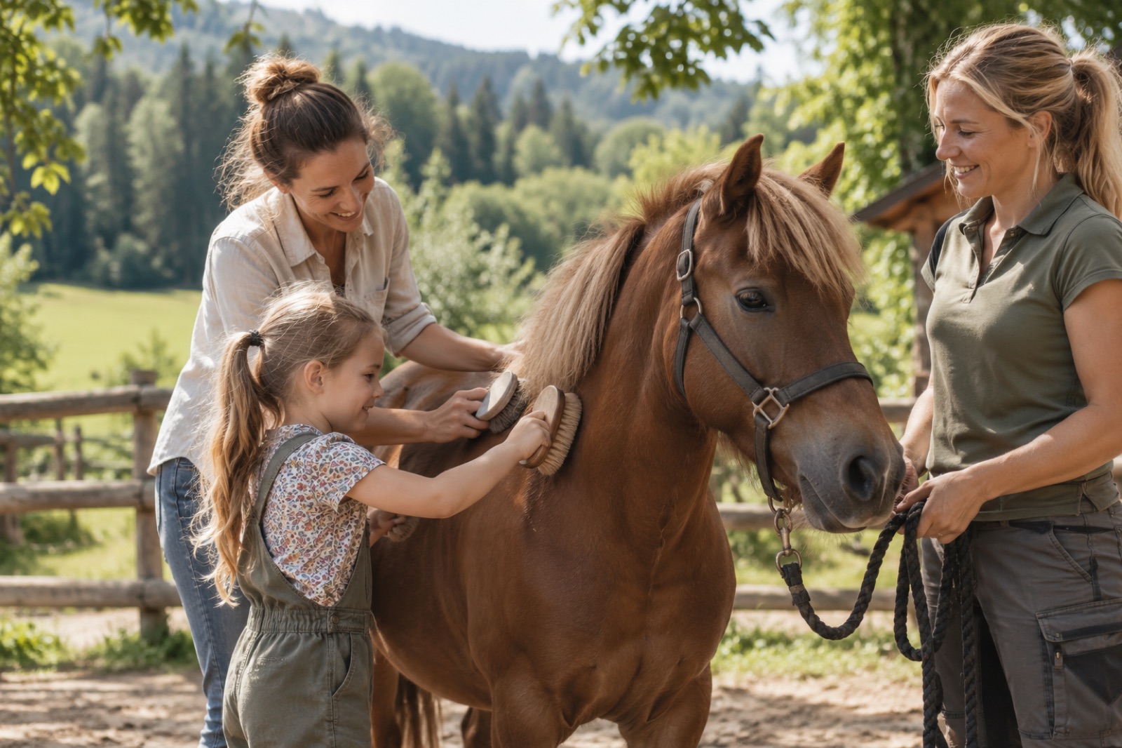 Kind und Erwachsene putzen gemeinsam ein Pony