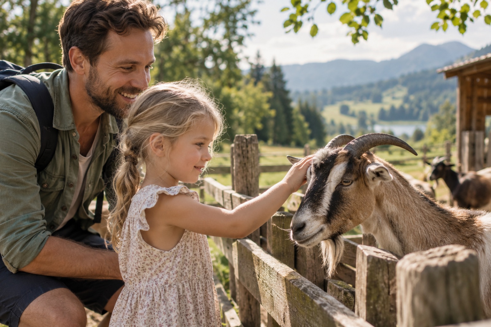 Ein Vater und seine Tochter stehen am Weidezaun, das Mädchen streichelt vorsichtig eine Ziege